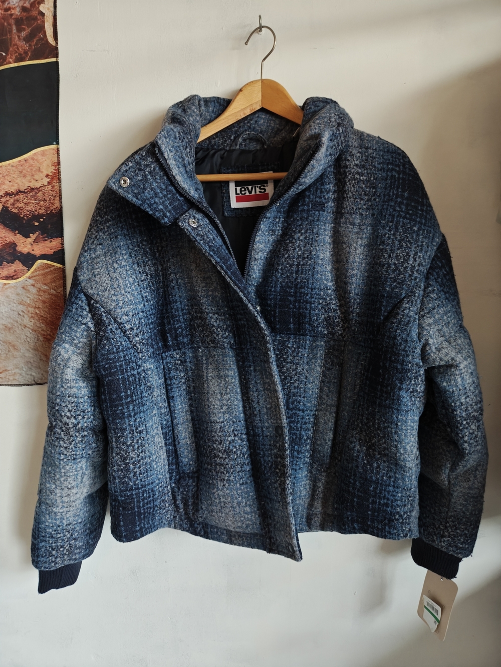 Levi's Women's Blue Plaid Textured Puffer Jacket Large